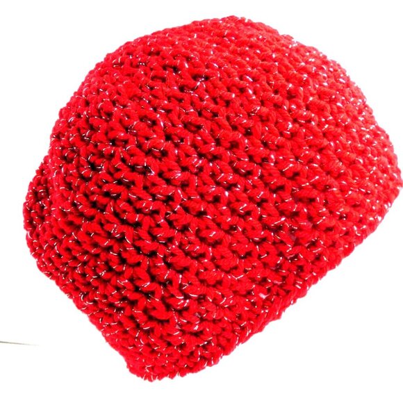 Red Beanie Skull Cap Gold Men Women Winter Hat Handmade Crochet Hand Knit OS - Picture 1 of 8